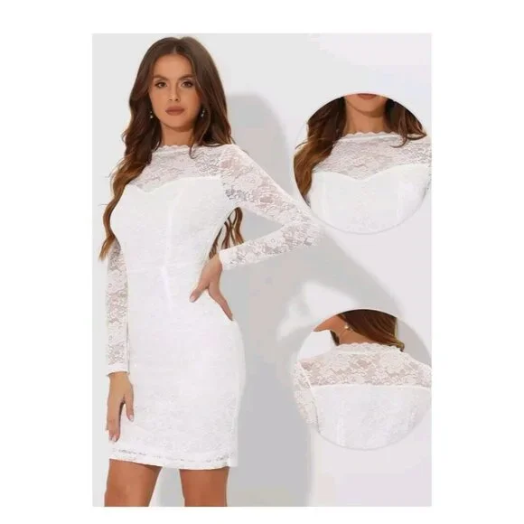 Allegra K Women M White Elegant Floral Lace Dress  Business Cocktail Wedding NWT - Picture 2 of 8